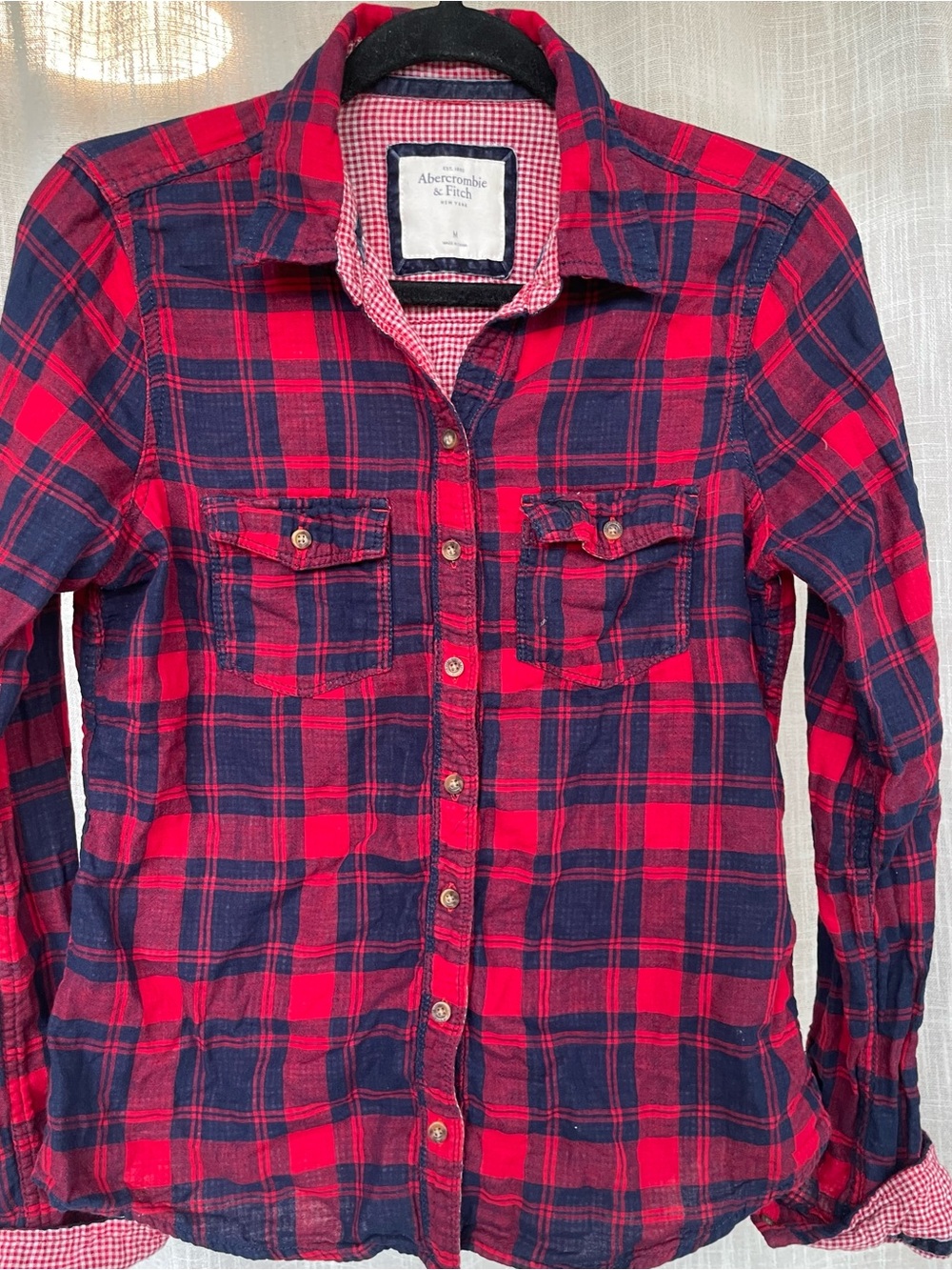 Abercrombie & Fitch Red and Navy Plaid Long-Sleeve Button-Up Shirt